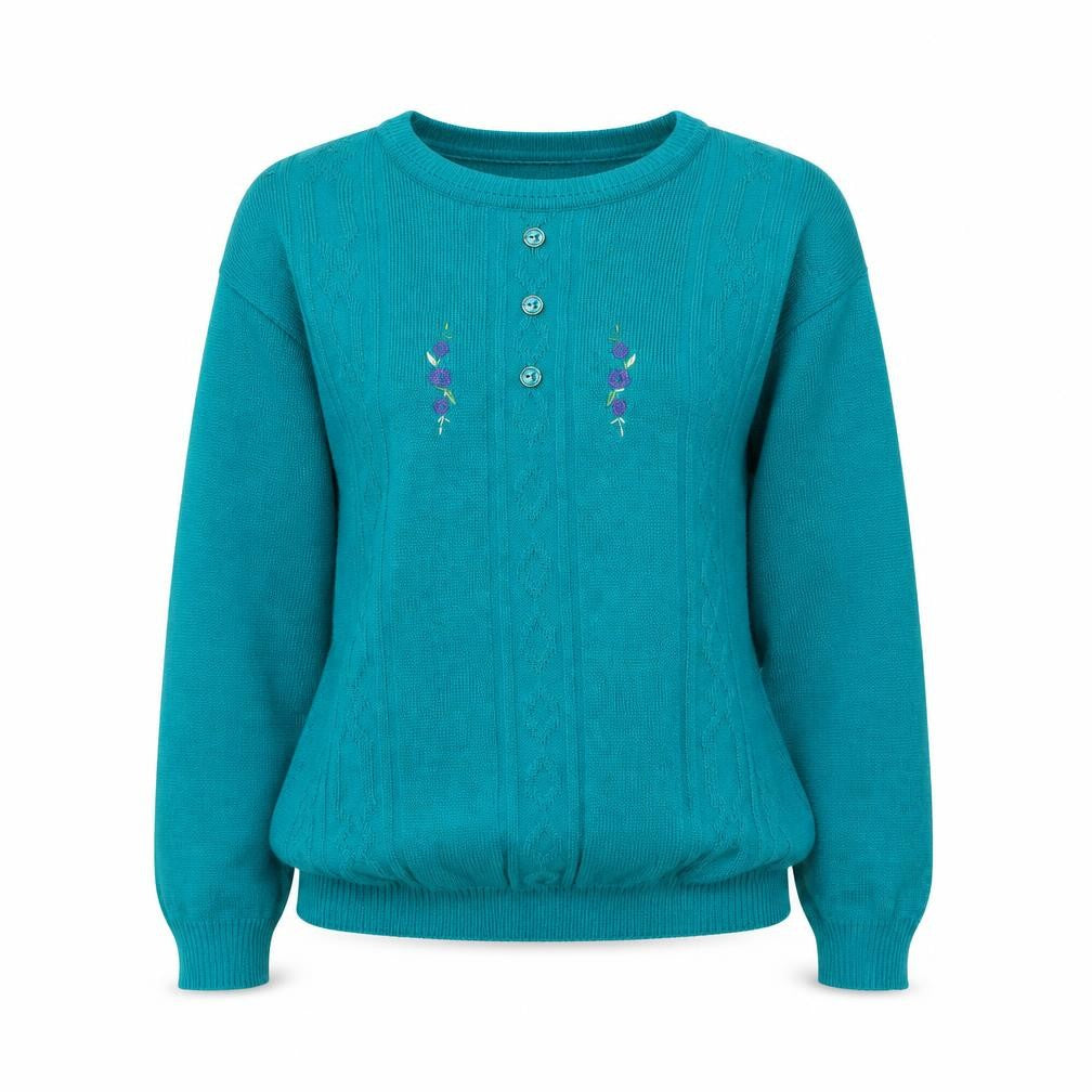 Front view of Merry Gold women’s green knit jumper, size L