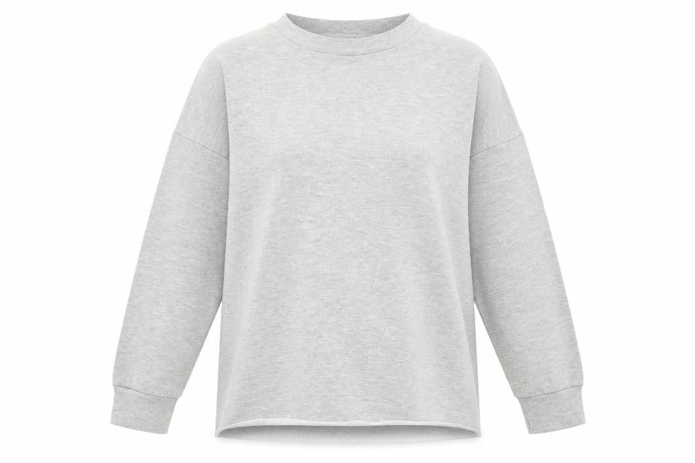 Front view of I SAW IT FIRST women’s grey pullover sweatshirt, size UK 14