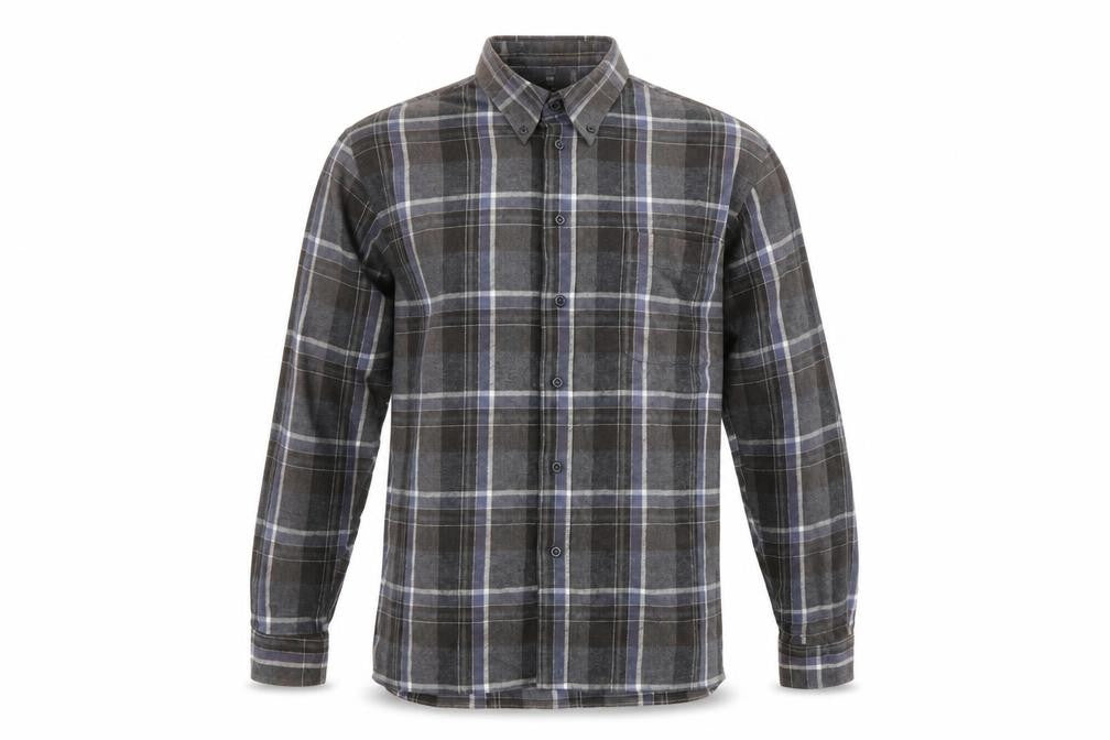 Front view of mc panthon men’s multicoloured check button-up, size M