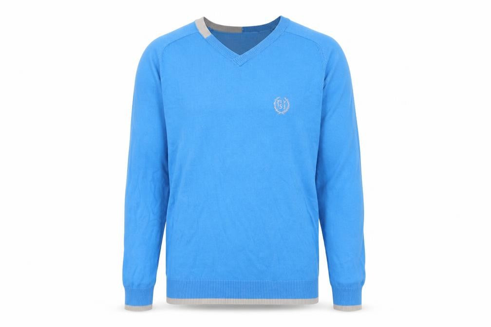 Front view of fu53 men’s blue jumper, size L