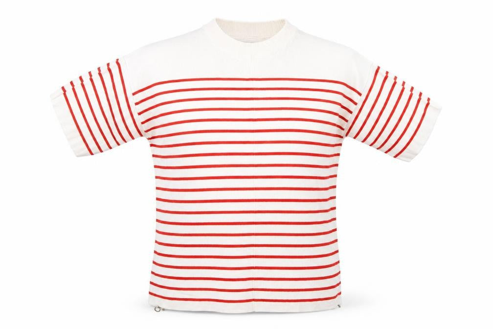 Front view of Warehouse women’s multicoloured striped jumper, size UK 10