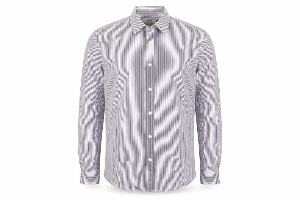 Front view of Topman men’s blue striped button-up, size M