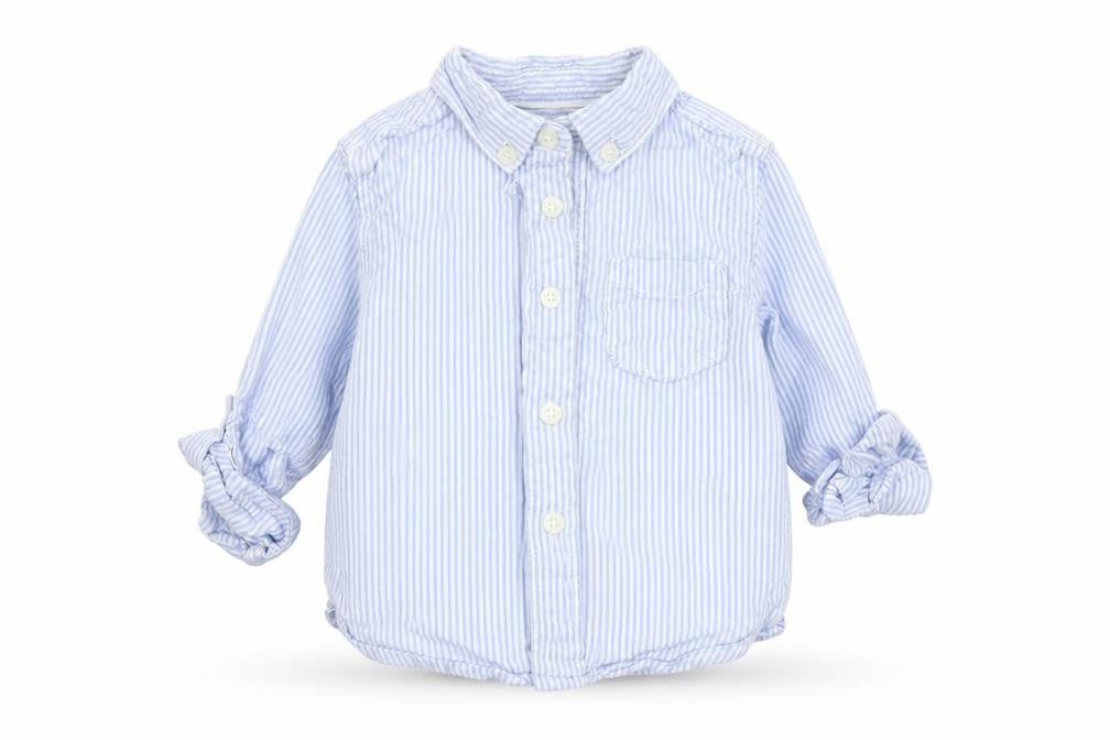 Front view of Marks & Spencer boys’ blue basic button-up, size 18-24, months