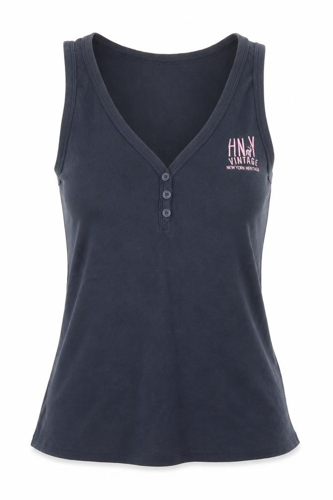 Front view of MNY women’s blue basic tank, size L