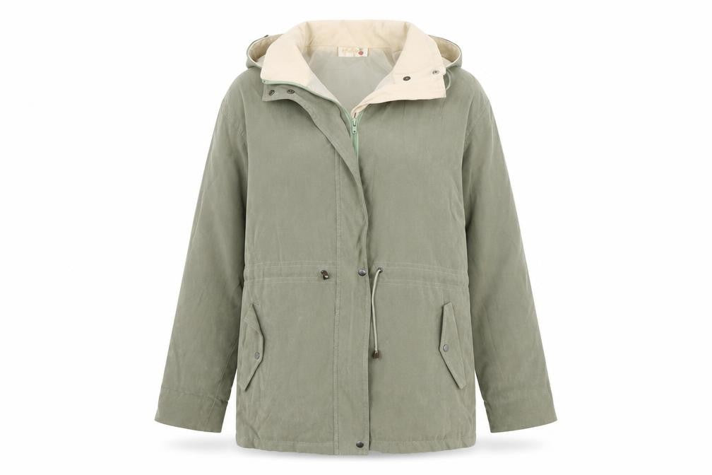 Front view of Radish women’s green overcoat coat, size UK 18