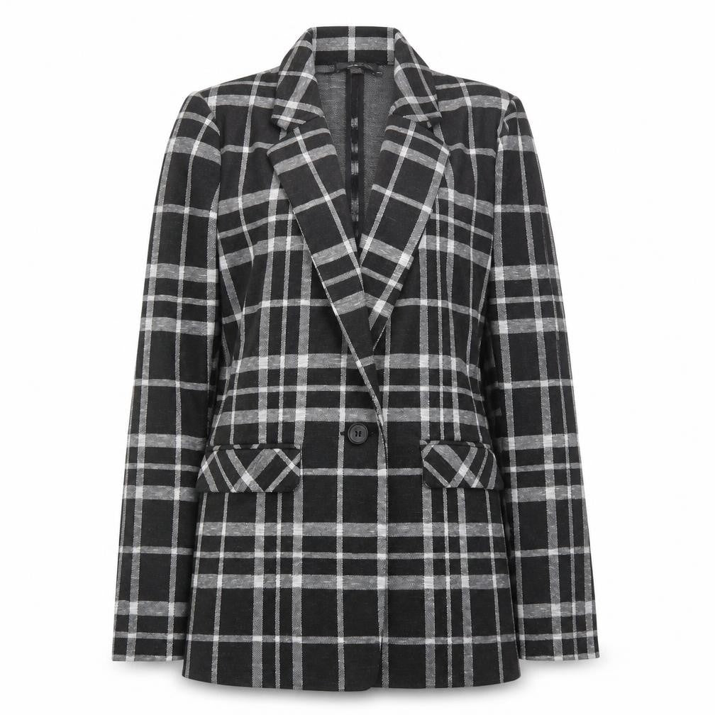 Front view of Primark women’s black plaid jacket suit, size UK 8