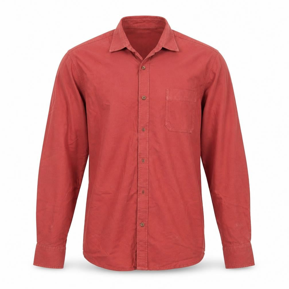 Front view of Easy men’s red button-up, size L