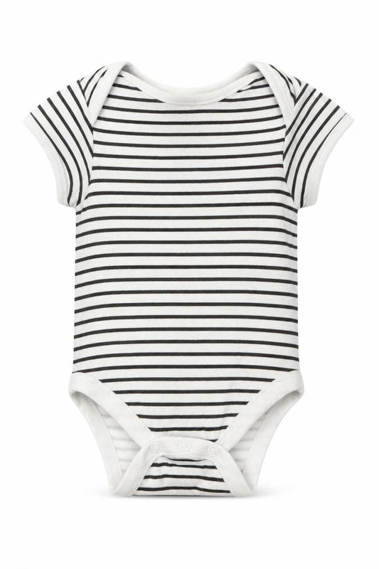 Front view of Primark Baby White Striped Romper One-Piece, size 6-9, Months