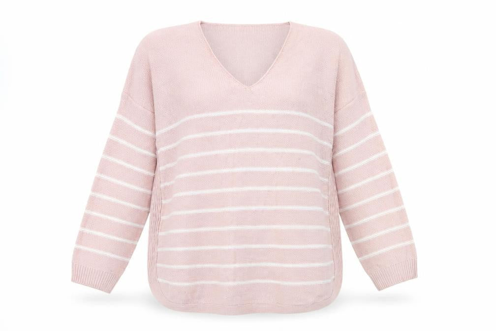Front view of CASUALS women’s pink striped jumper, size M