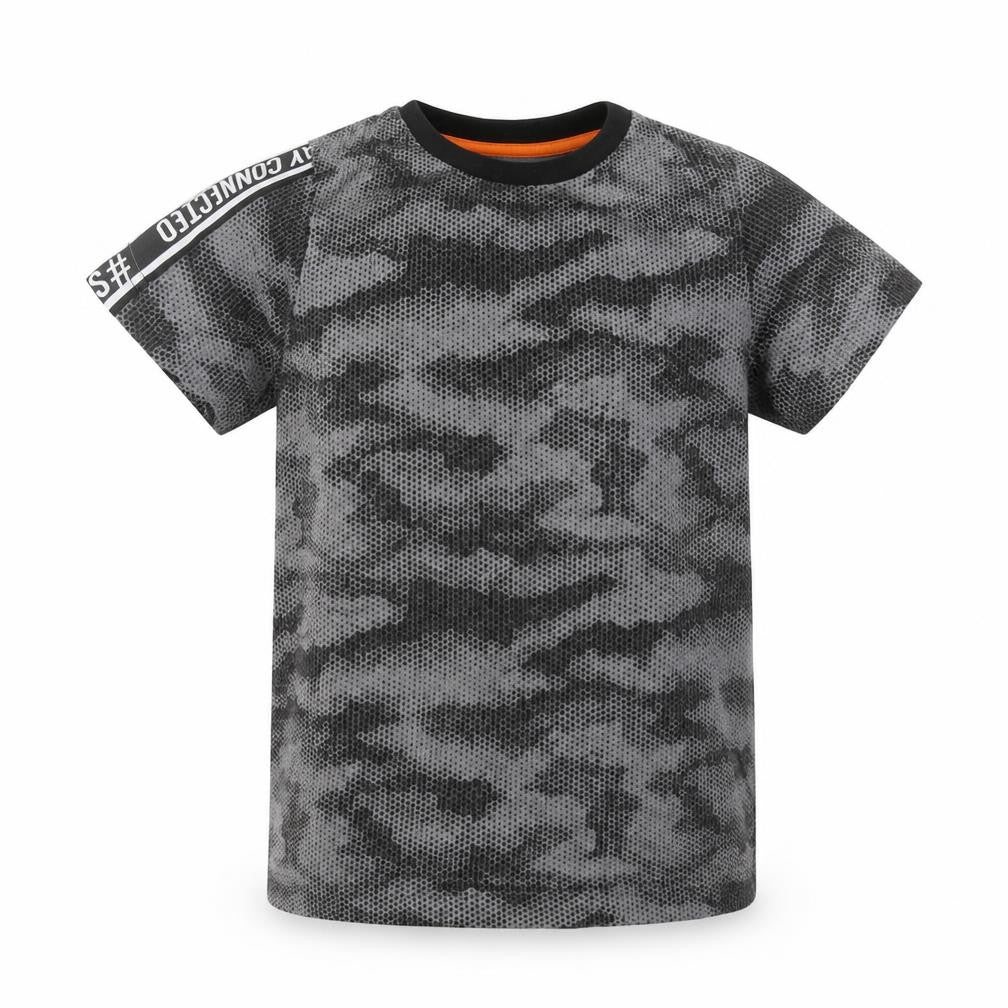 Front view of Matalan boys’ grey camouflage basic t-shirt, size 5, years
