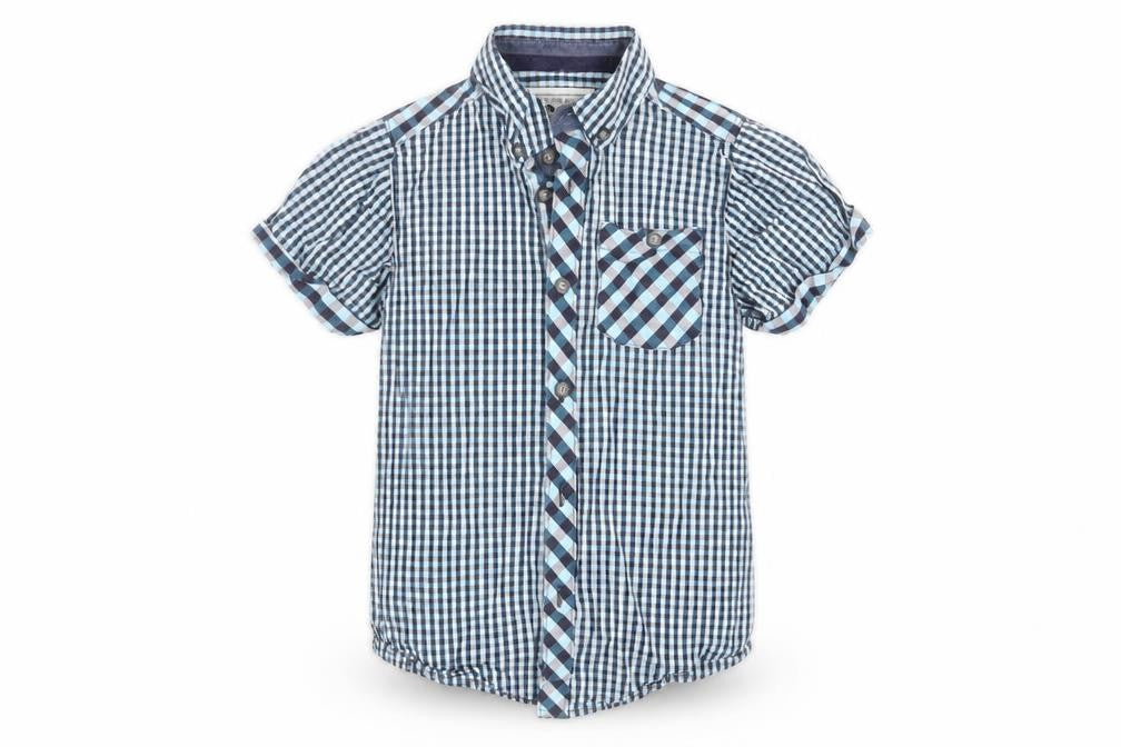Front view of Matalan boys’ blue check basic button-up, size 6-7, years