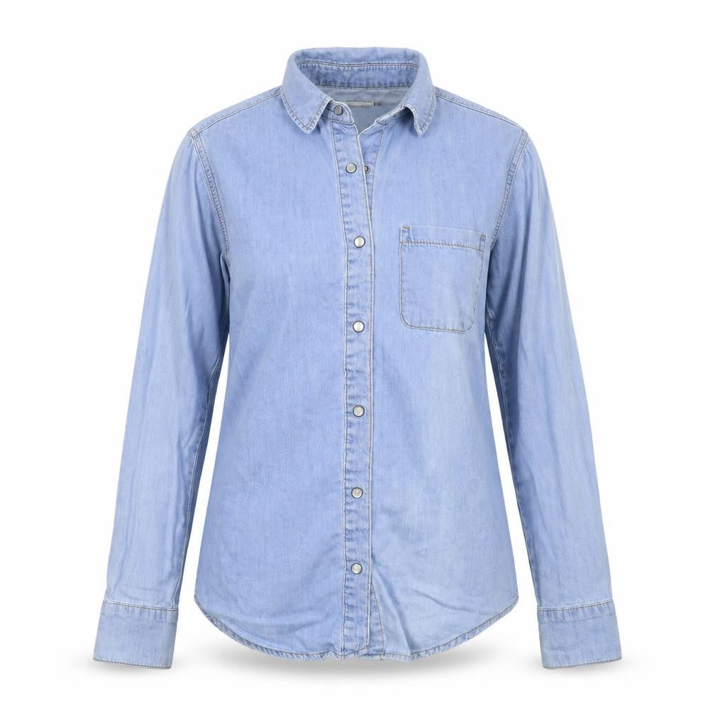 Front view of ASOS women’s blue basic button-up, size UK 6