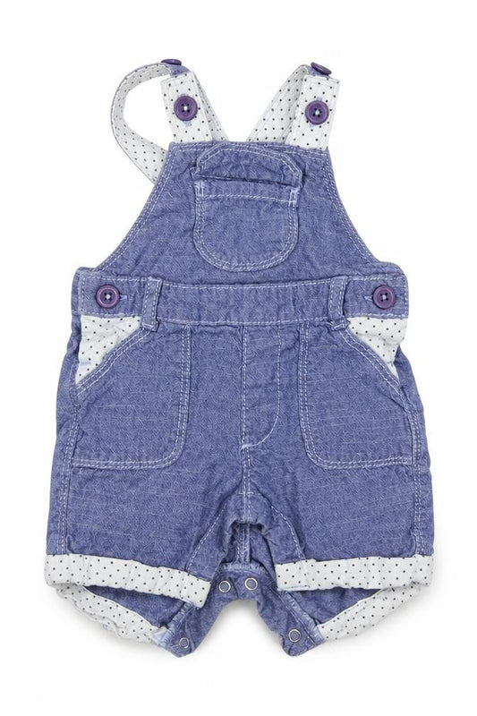 Front view of Matalan girls’ blue dungaree one-piece, size 0-3, months