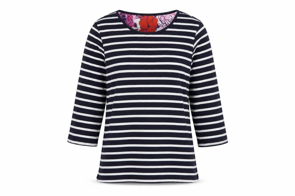 Front view of Roman women’s blue striped jumper, size UK 12
