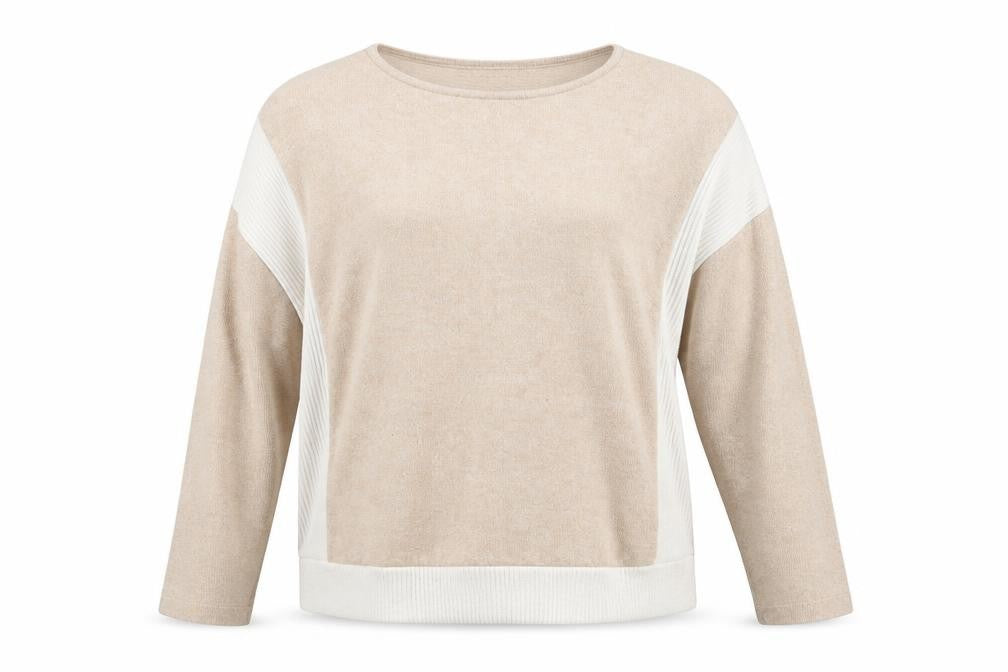 Front view of Jeff & Co women’s beige pullover sweatshirt, size UK 14