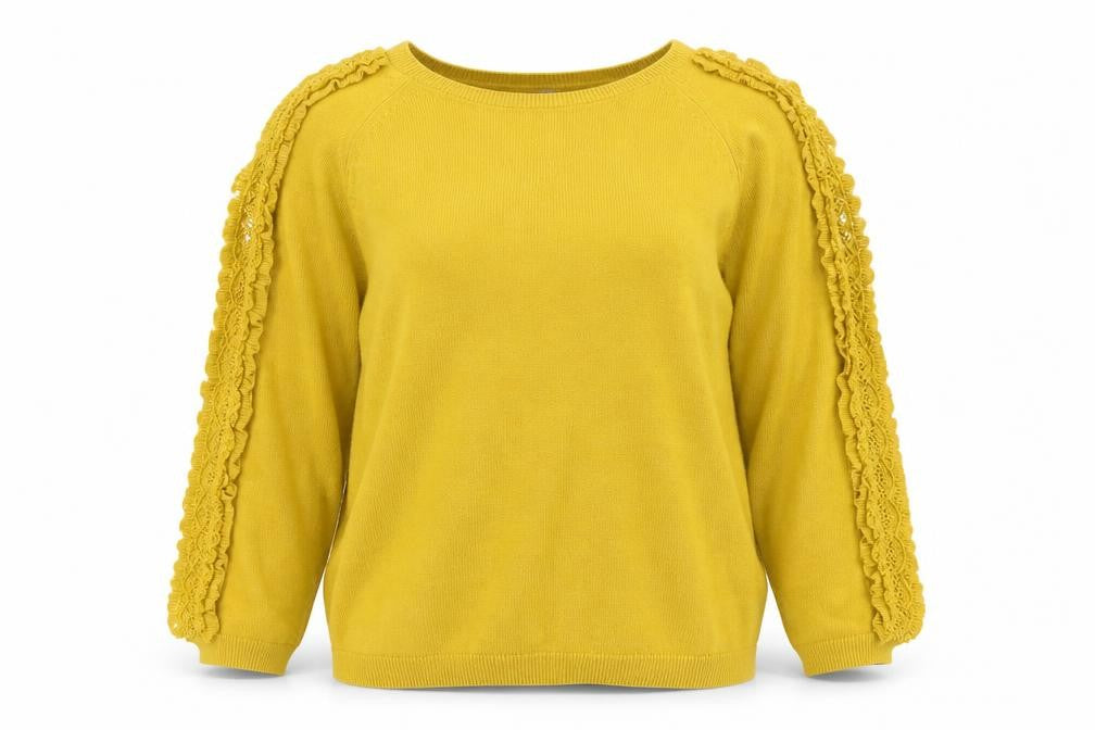 Front view of Per Una women’s yellow floral jumper, size UK 10