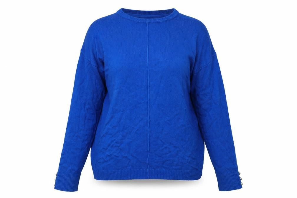 Front view of Pep&Co women’s blue pullover sweatshirt, size UK 8
