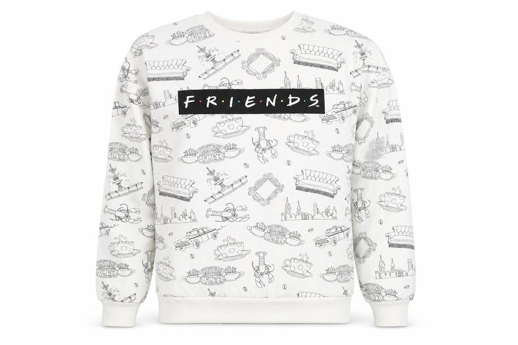 Front view of Primark women’s white geometric jumper, size XS, - friends central perk
