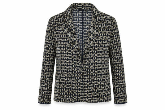 Front view of Primark women’s blue geometric jacket blazer, size UK 10