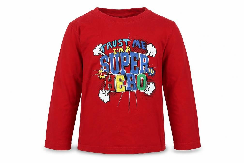 Front view of Primark boys’ red pyjama top, size 3-4, years - super hero