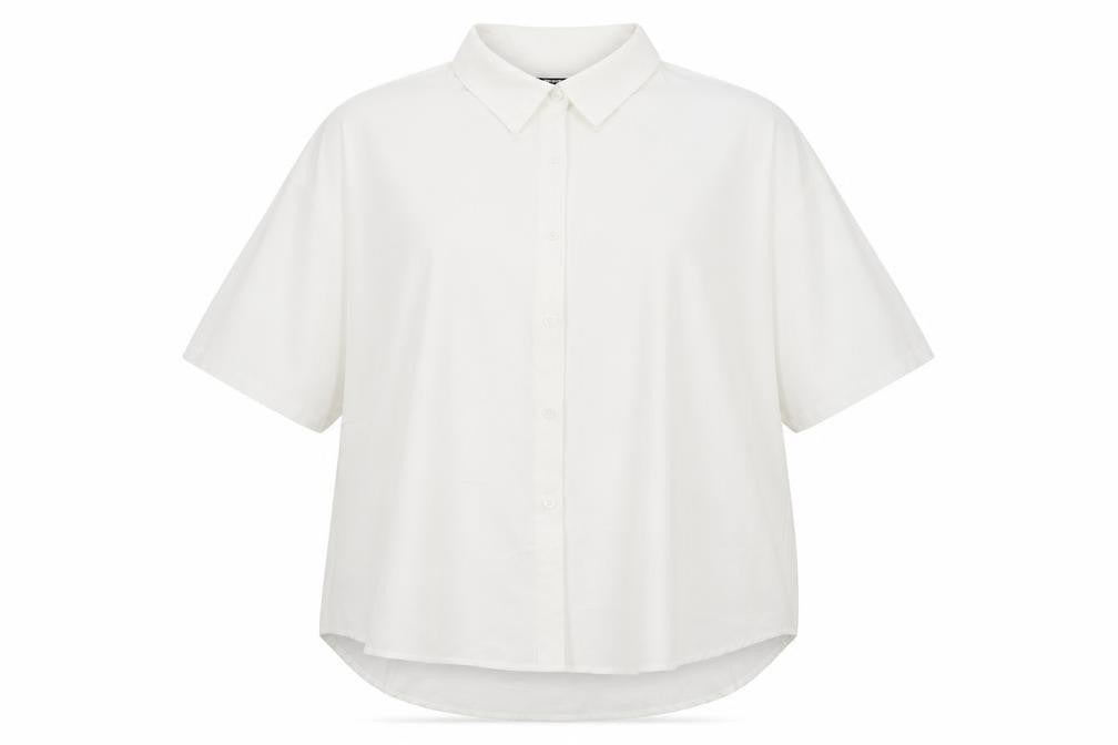 Front view of SHEIN women’s white basic button-up, size 3XL
