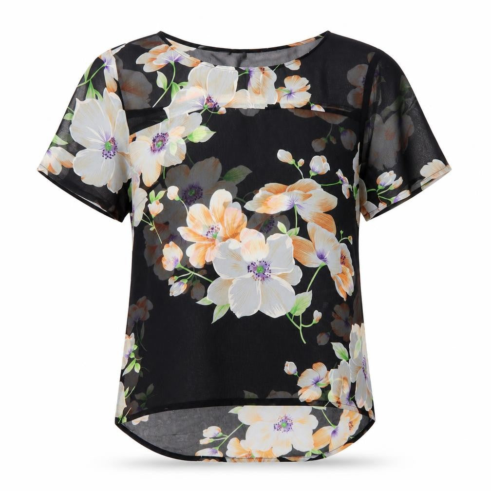 Front view of Urmonda women’s black floral basic blouse, size UK 14