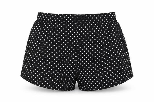 Front view of PRETTYLITTLETHING women’s black polka dot hot pants shorts, size UK 12