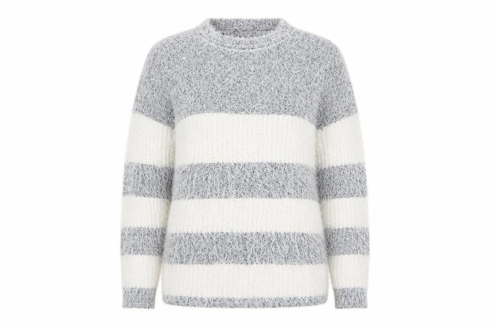 Front view of buisdaei women’s multicoloured striped jumper, size M