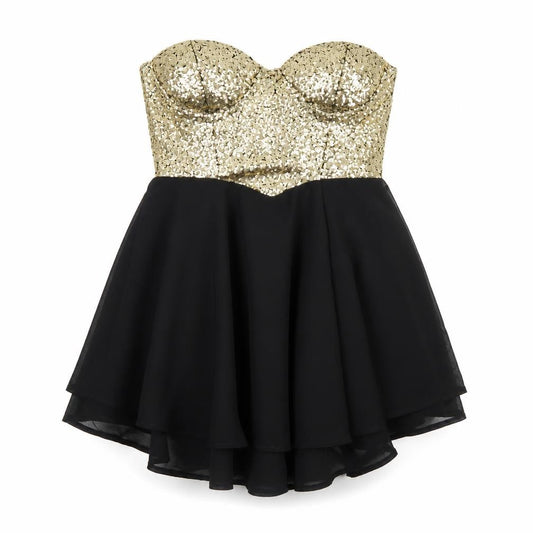 Front view of Club L women’s gold mini, size UK 12