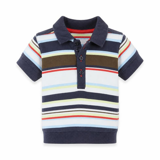 Front view of Next boys’ blue striped basic polo, size 12-18, months