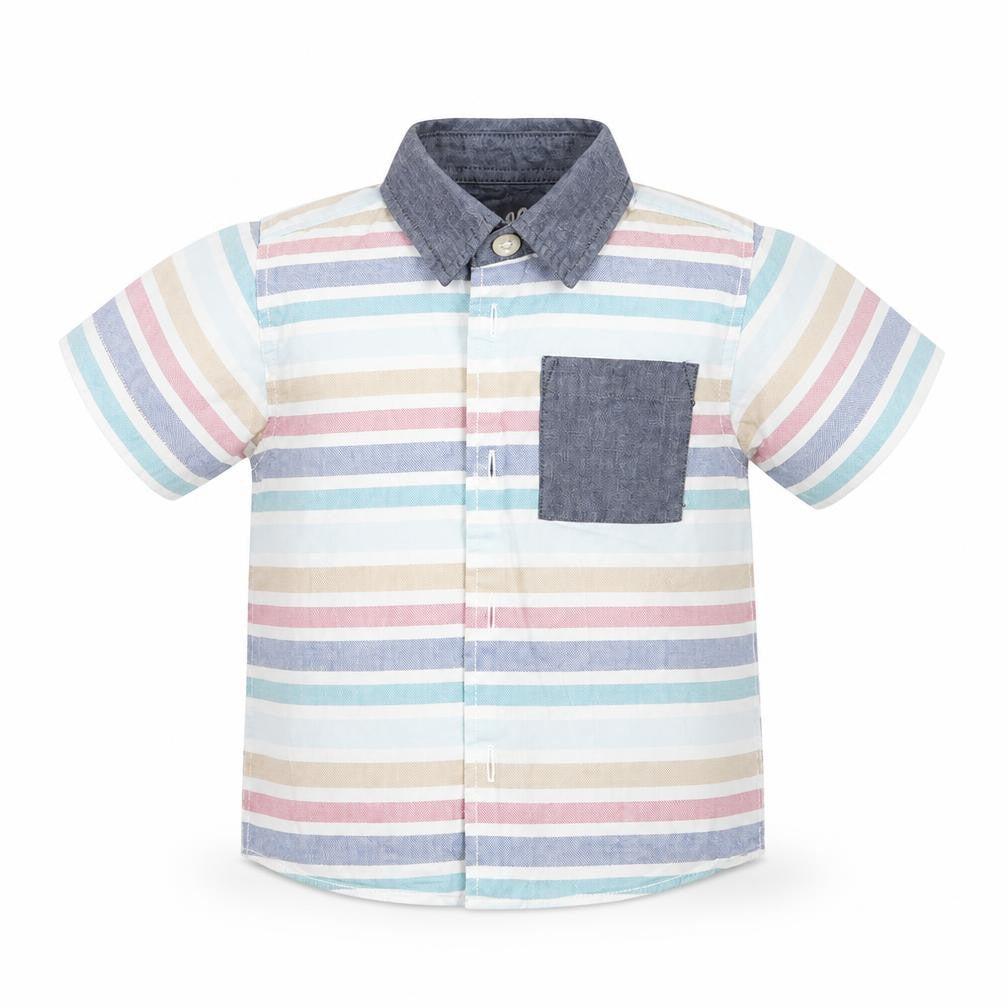 Front view of West Coast boys’ multicoloured striped basic button-up, size 9-12, months