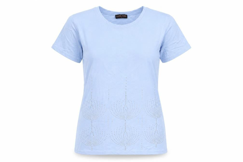 Front view of anna rose women’s blue geometric basic t-shirt, size S, - beaded