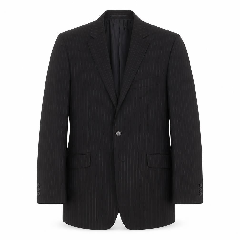 Front view of Burton men’s black striped jacket suit jacket, size 40