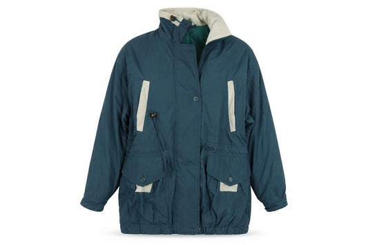 Front view of Preworn women’s green jacket coat, size UK 12