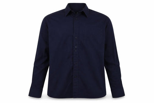Front view of Premier men’s blue button-up, size 15.5