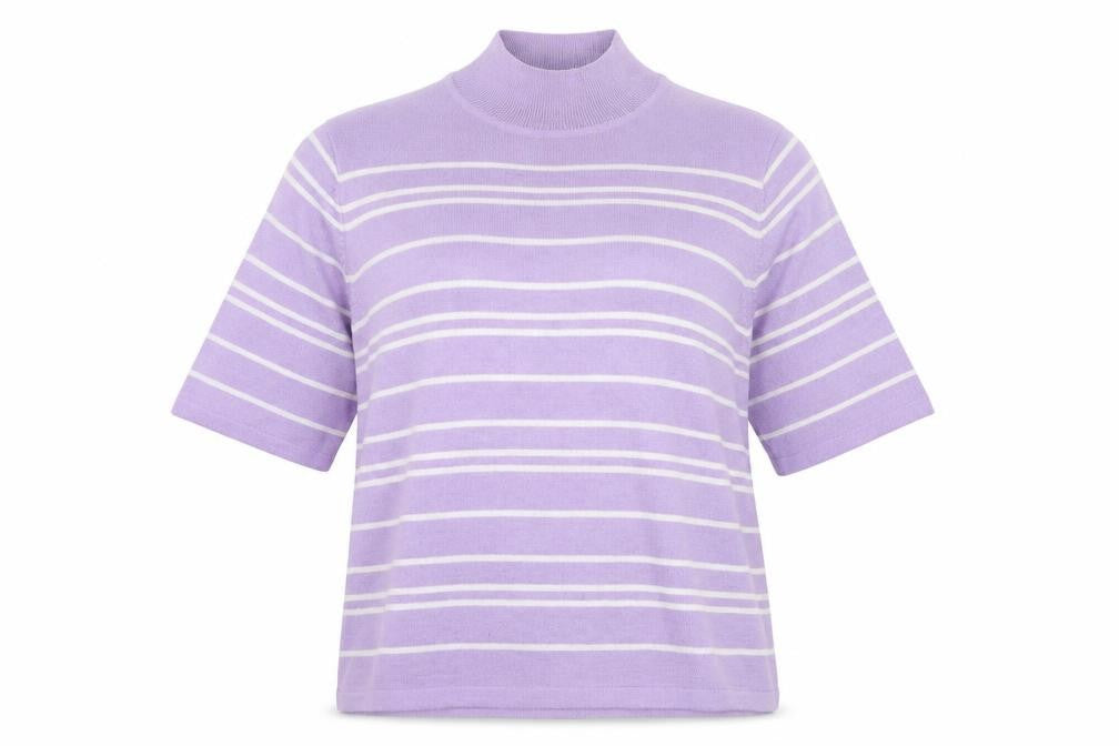 Front view of Marks & Spencer women’s purple striped jumper, size UK 14