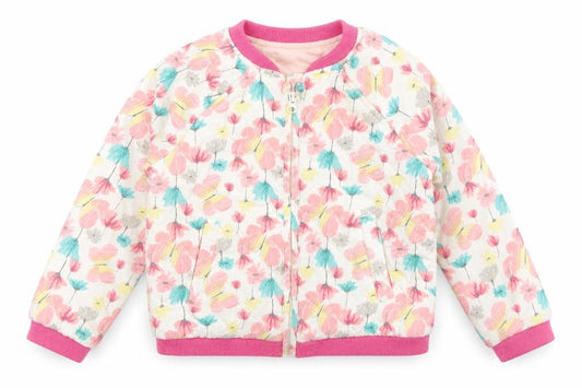 Front view of F&F girls’ pink floral bomber jacket coat, size 18, months