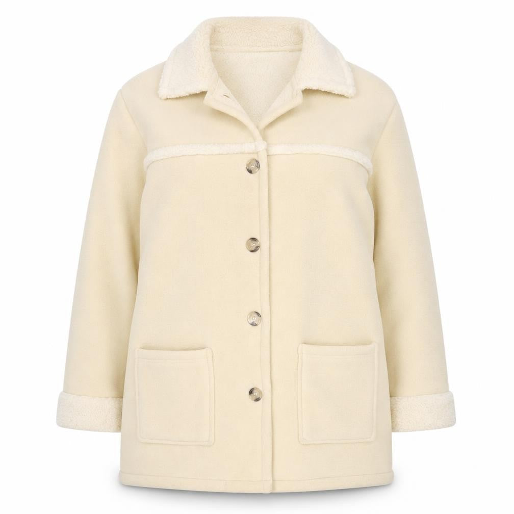 Front view of Unity women’s beige overcoat coat, size UK 12