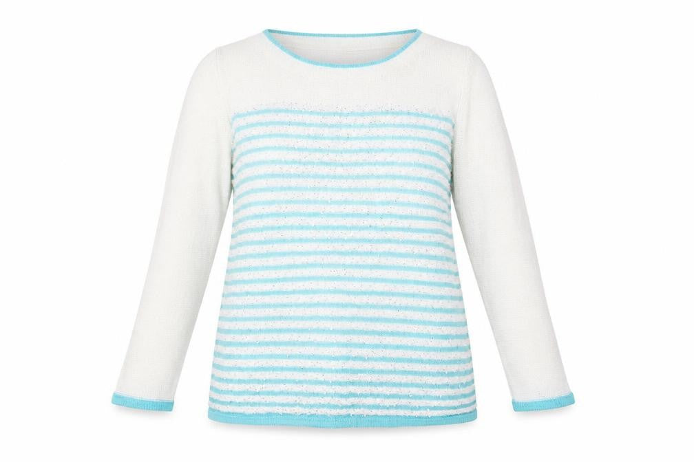 Front view of women’s white striped pullover sweatshirt, size M