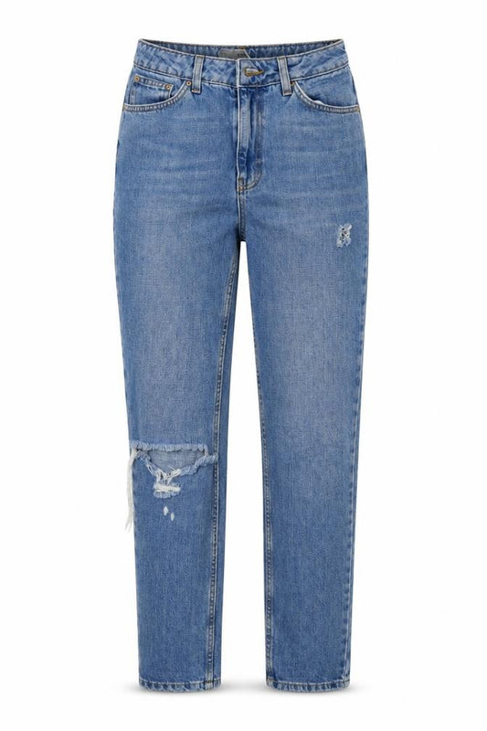 Front view of Topshop women’s blue denim mom jeans, size UK 28, 32-inch leg
