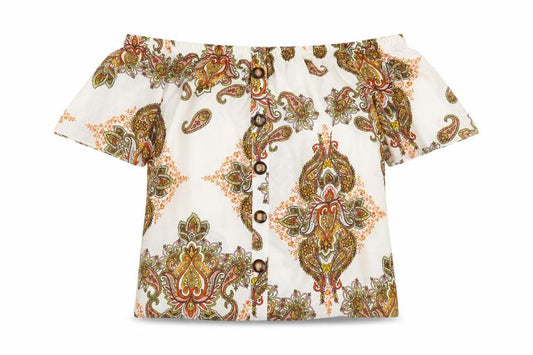 Front view of F&F women’s white paisley basic blouse, size UK 12