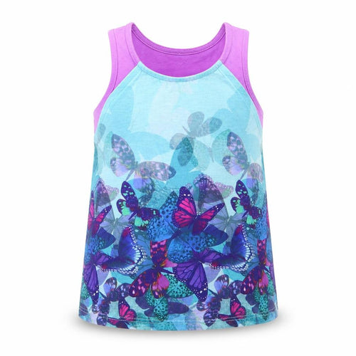 Monsoon Girls Purple Animal Print  Basic Tank Size 5-6 Years  - Butterfly Print - Layered Aqua & Purple Lower Back Vented