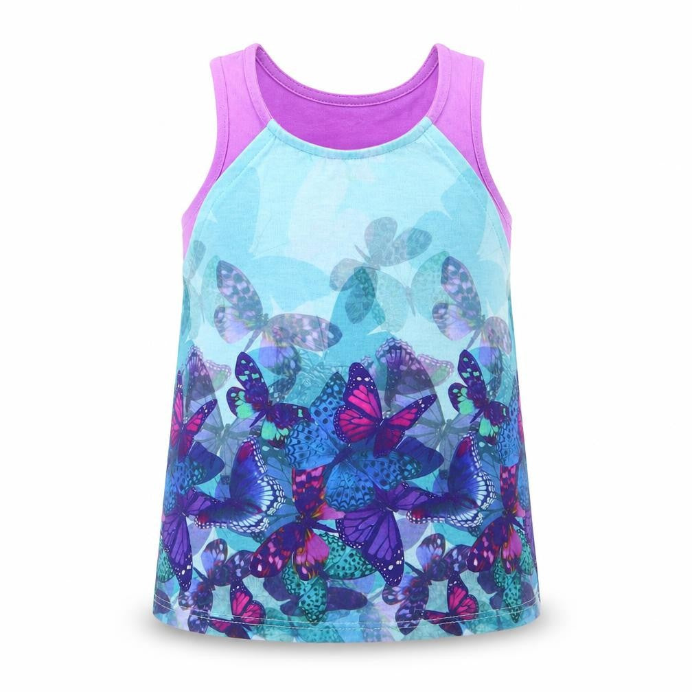 Monsoon Girls Purple Animal Print  Basic Tank Size 5-6 Years  - Butterfly Print - Layered Aqua & Purple Lower Back Vented