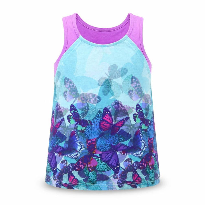 Monsoon Girls Purple Animal Print  Basic Tank Size 5-6 Years  - Butterfly Print - Layered Aqua & Purple Lower Back Vented
