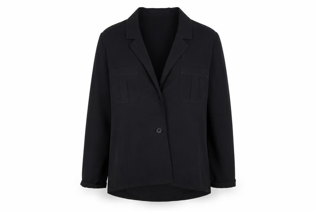 Front view of PLANET women’s black basic button-up, size UK 12