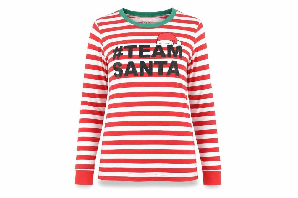 Front view of Made By Elves women’s red striped basic t-shirt, size UK 8, - christmas, #teamsanta