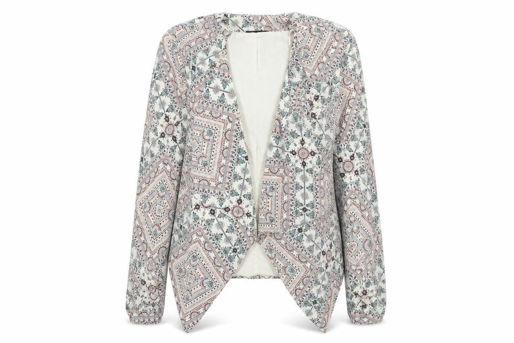 Front view of New Look women’s beige paisley jacket, size UK 8