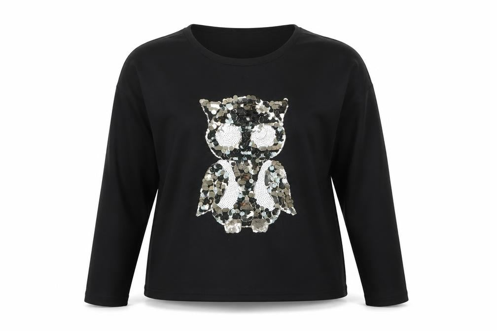 Front view of My Heart women’s black animal print pullover sweatshirt, size L, - sequinned owl