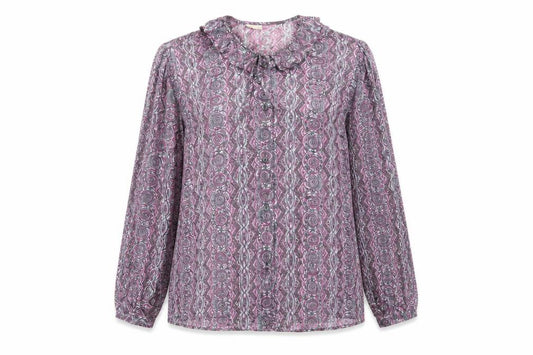 Front view of Wilray Separates women’s grey geometric basic button-up, size UK 16, - frilled collar pink & grey
