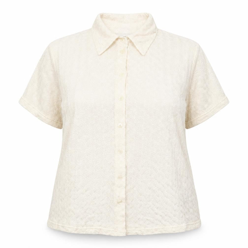 Front view of Essence women’s ivory geometric basic button-up, size UK 18, - lace like open knit